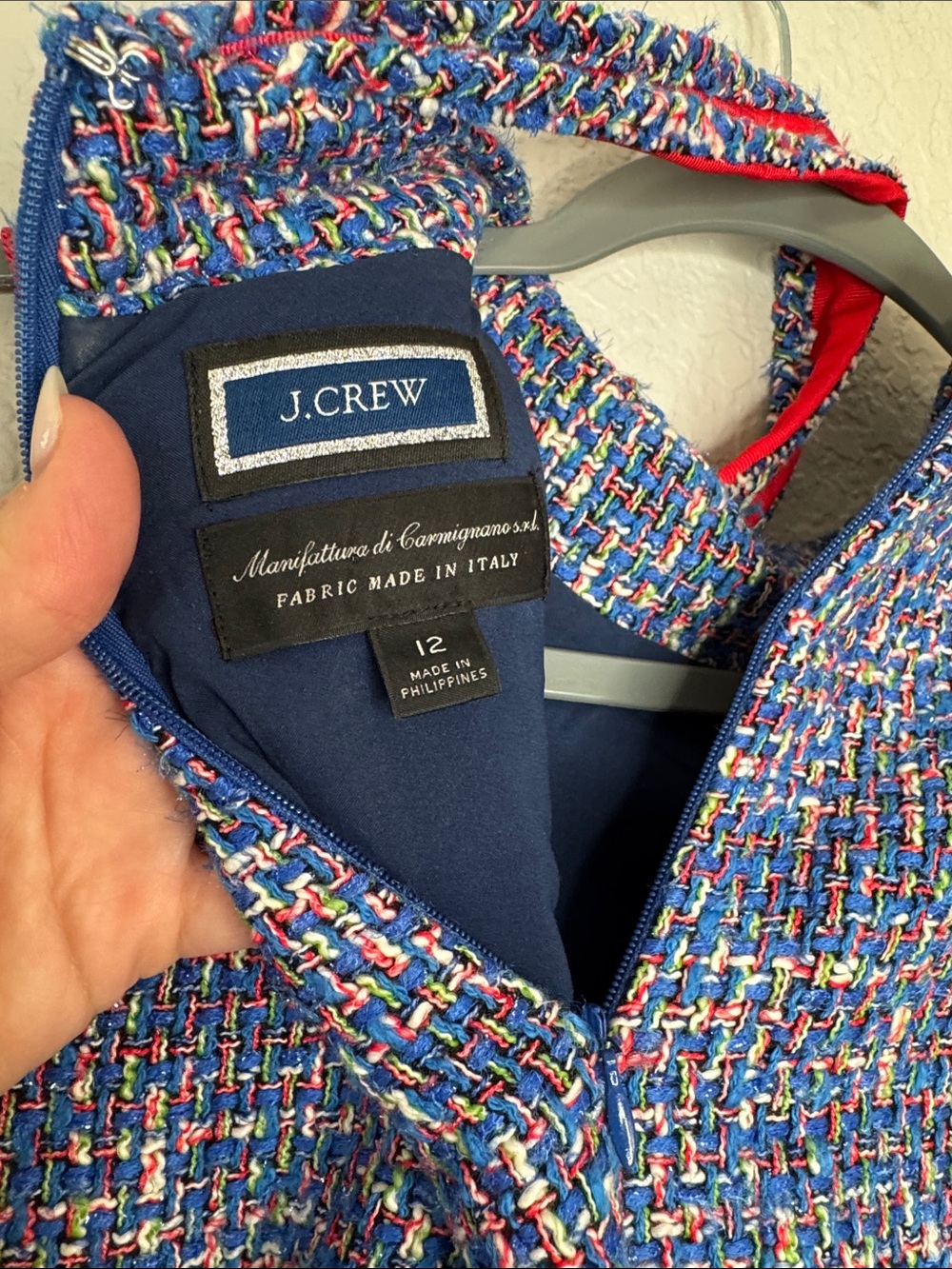 J. Crew Tie-Neck Tank Sheath Dress In Autumn Tweed Blue Red Size 12 - Picture 8 of 9